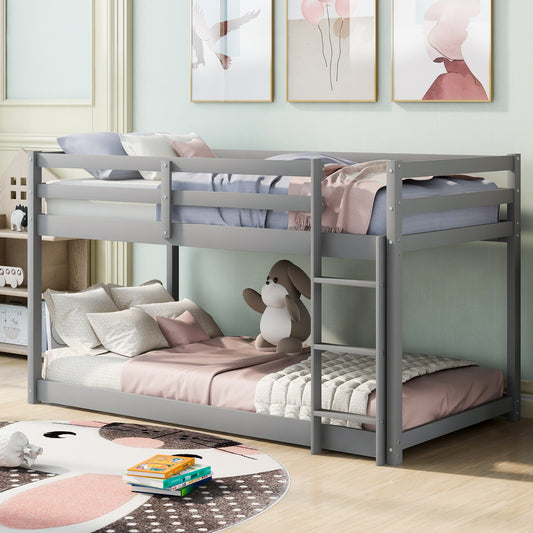Twin over Twin Floor Bunk Bed with Ladder , Gray