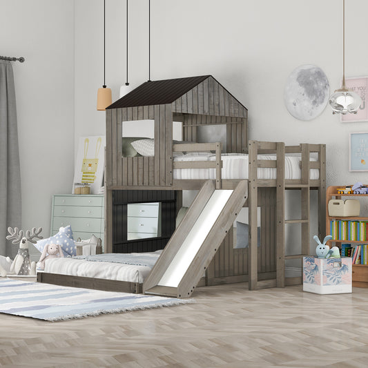 Wooden Twin Over Full Bunk Bed, Loft Bed with Playhouse, Farmhouse, Ladder, Slide and Guardrails, Antique Gray
