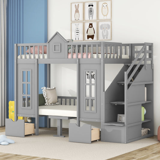 Twin-Over-Twin Bunk Bed with Changeable Table, Bunk Bed Turn into Upper Bed and Down Desk -Gray