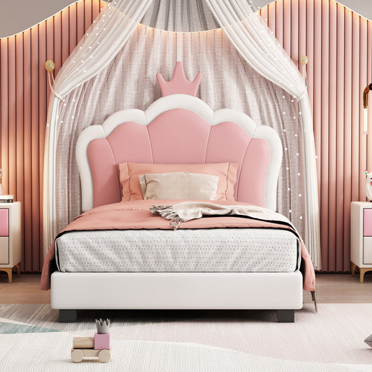 Twin size Upholstered Princess Bed With Crown Headboard,Twin Size Platform Bed with Headboard and Footboard, White+Pink