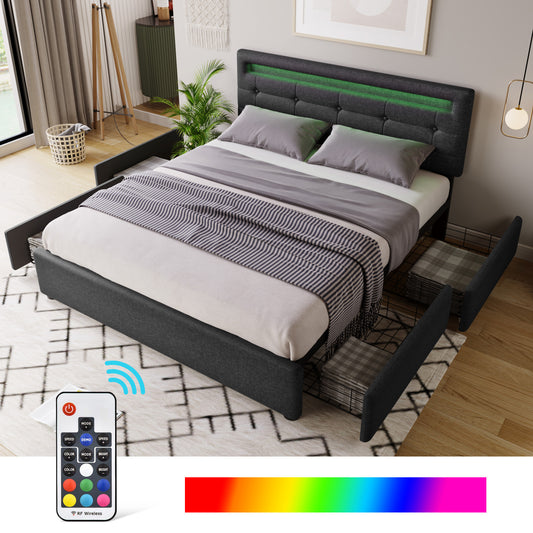 Bed Frame Queen Size, Upholstered Platform Bed Frame with 4 Storage Drawers and LED Lights & Adjustable Headboard,No Box Spring Needed,Grey