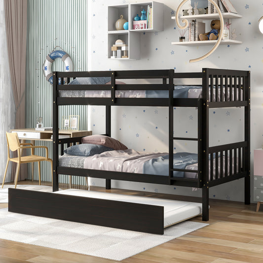 Twin Over Twin Bunk Beds with Trundle, Solid Wood Trundle Bed Frame with Safety Rail and Ladder, Kids/Teens Bedroom, Guest Room Furniture, Can Be converted into 2 Beds,Espresso