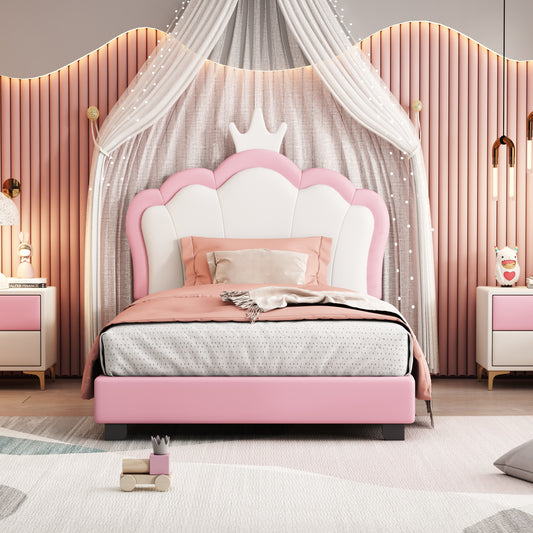 Twin size Upholstered Princess Platform Bed With Crown Headboard, White+Pink