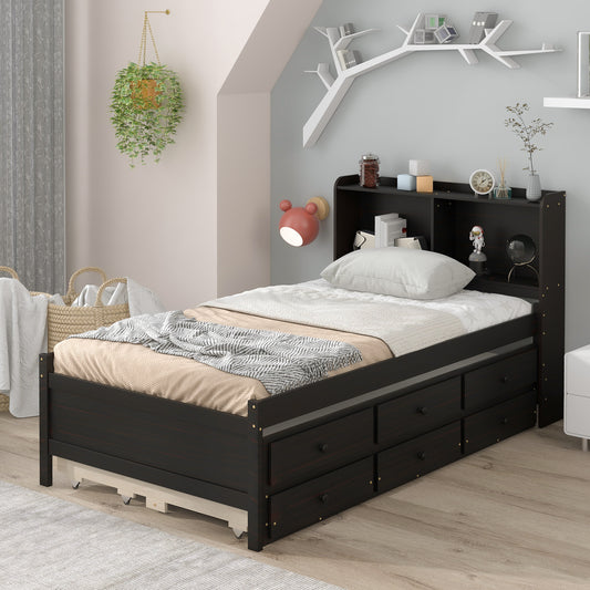 Twin Platform Bed with Bookcase, Twin Trundle, Drawers, Espresso