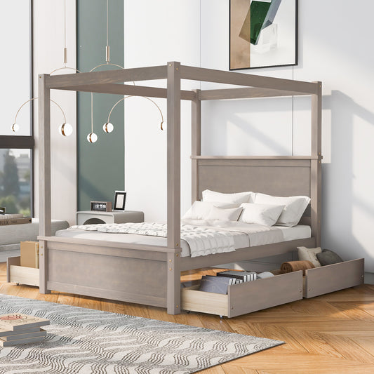 Wood Canopy Bed with four Drawers ,Full Size Canopy Platform Bed With Support Slats .No Box Spring Needed, Brushed Light Brown