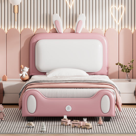Twin size Upholstered Rabbit-Shape Princess Platform Bed, White+Pink