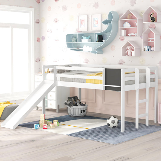 Twin size Loft Bed Wood Bed with Slide, Stair and Chalkboard,White