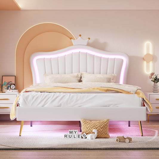 Queen Size Upholstered Platform Bed Frame with LED Lights, Princess Bed With Crown Headboard, White
