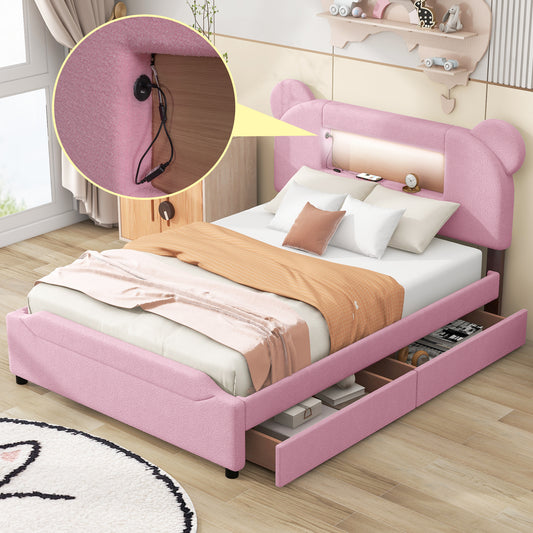 Full Size Upholstered Storage Platform Bed with Cartoon Ears Headboard, LED and USB, Pink