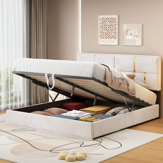 Queen Size Upholstered Platform Bed with Hydraulic Storage System,No Box Spring Needed,Beige