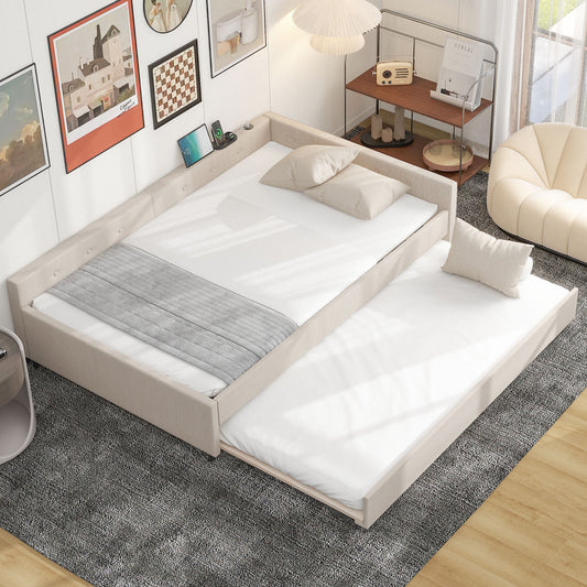 Full Size Upholstered Platform Bed with USB and Twin Size Trundle, Beige