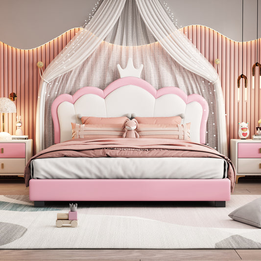Full size Upholstered Princess Bed With Crown Headboard,Full Size Platform Bed with Headboard and Footboard,White+Pink