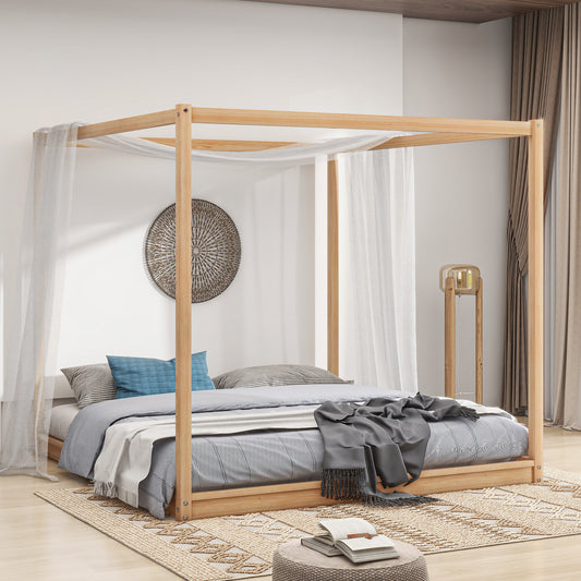 King Size Canopy Platform Bed with Support Legs, Natural