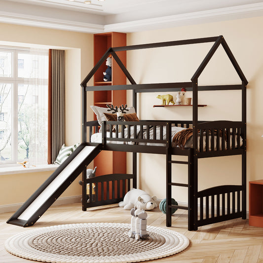 Twin Loft Bed with Slide, House Bed with Slide,Espresso