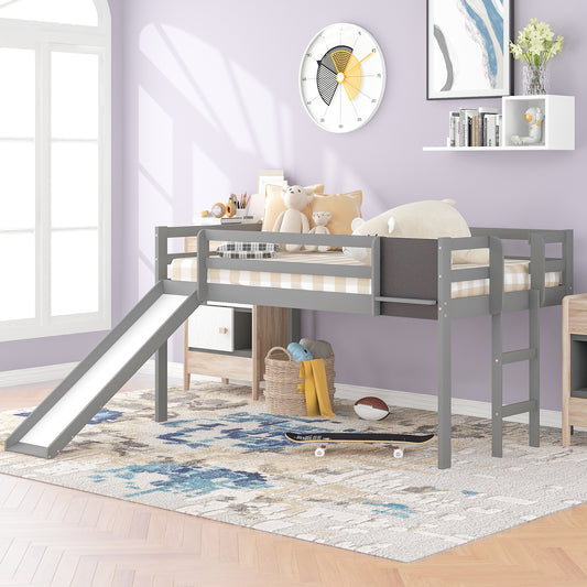 Twin size Loft Bed Wood Bed with Slide, Stair and Chalkboard,Gray