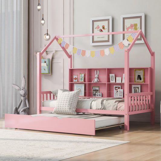 Wooden Twin Size House Platform Bed with Trundle, Kids Bed with Shelf, Pink