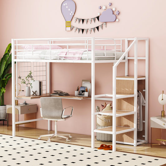 Twin Size Metal Loft Bed with Desk and Metal Grid, Stylish Metal Frame Bed with Lateral Storage Ladder and Wardrobe, White