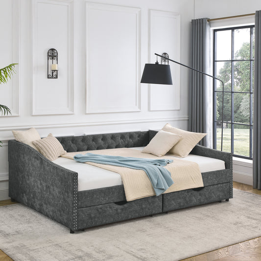 Queen Size Upholstered Tufted Daybed with Drawers, Button on Back and Copper Nail on Waved Shape Arms, Grey