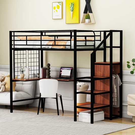 Twin Size Metal Loft Bed with Desk and Metal Grid, Stylish Metal Frame Bed with Lateral Storage Ladder and Wardrobe, Black