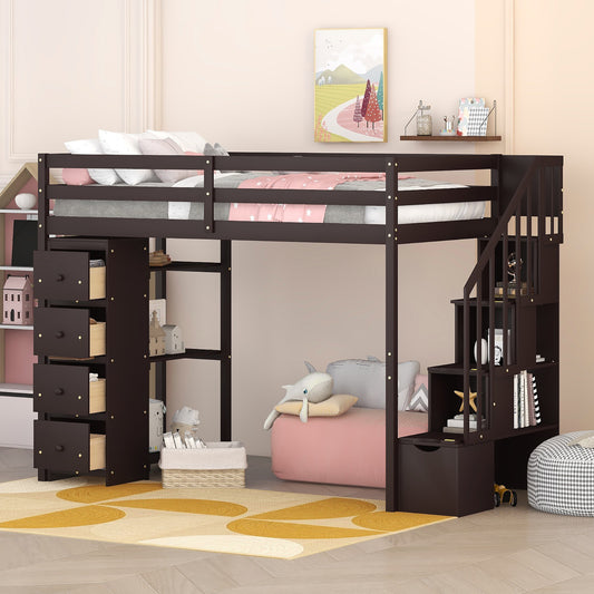 Twin size Loft Bed with Storage Drawers and Stairs, Wooden Loft Bed with Shelves - Espresso