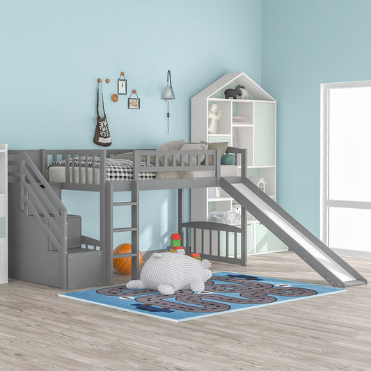 Stairway Twin Size Loft Bed with Two Drawers and Slide, Gray