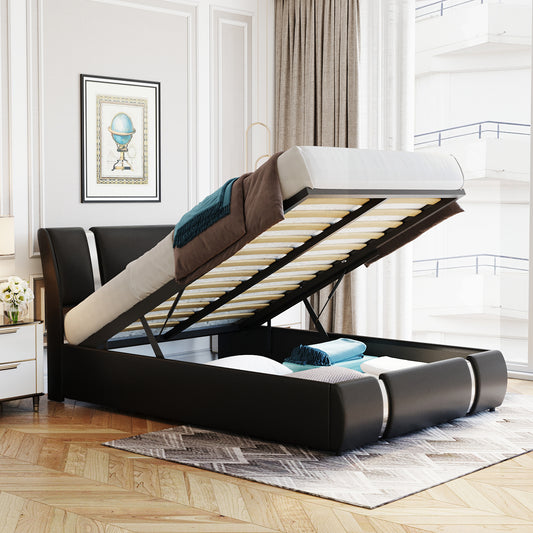 Full Size Upholstered Faux Leather Platform bed with a Hydraulic Storage System, Black