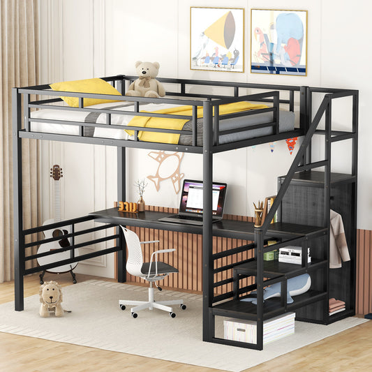 Full Size Metal Loft Bed with Desk, Storage Staircase and Small Wardrobe, Storage stairs can be installed left and right,Black