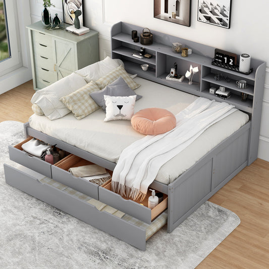 Full Size Wooden Captain Platform Bed with Built-in Bookshelves,Three Storage Drawers and Trundle,Light Grey