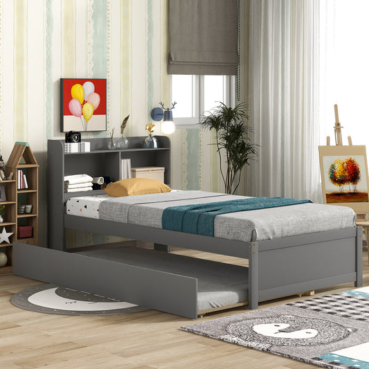 Twin Platform Bed with Trundle,Bookcase,Grey