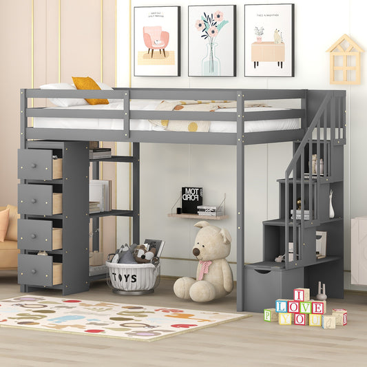 Twin size Loft Bed with Storage Drawers and Stairs, Wooden Loft Bed with Shelves - Gray