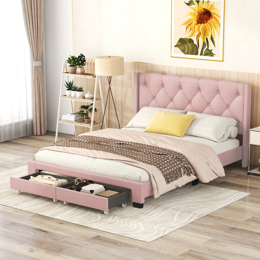 Queen Size Storage Bed Linen Upholstered Platform Bed with Two Drawers - Pink