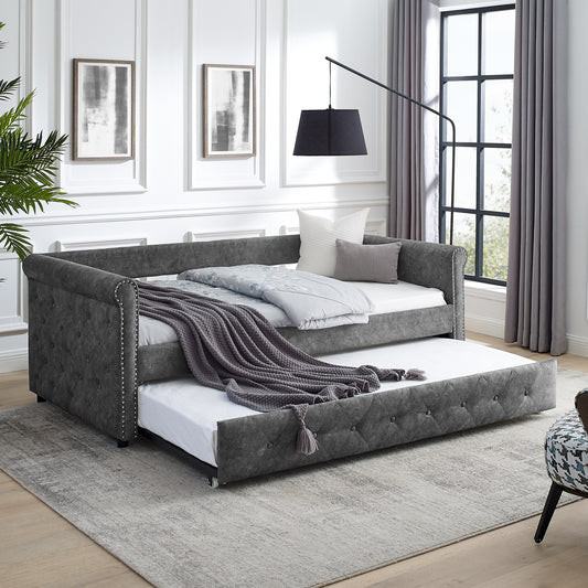 Daybed with Trundle Upholstered Tufted Sofa Bed,with Button and Copper Nail on Arms,both Twin Size,Grey(85.5"x42"x30.5")