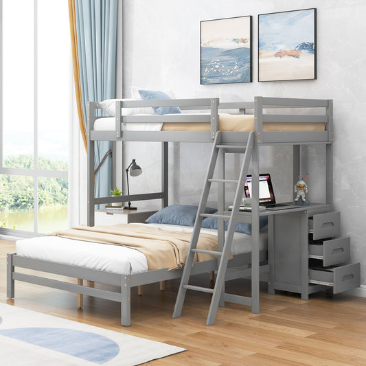 Twin over Full Bunk Bed with Built-in Desk and Three Drawers,Grey