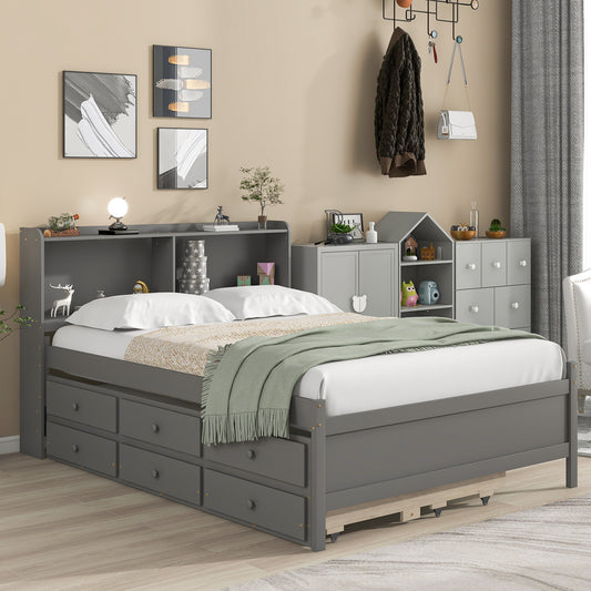 Full Size Platform Bed with Bookcase, Twin Trundle, Drawers, Grey