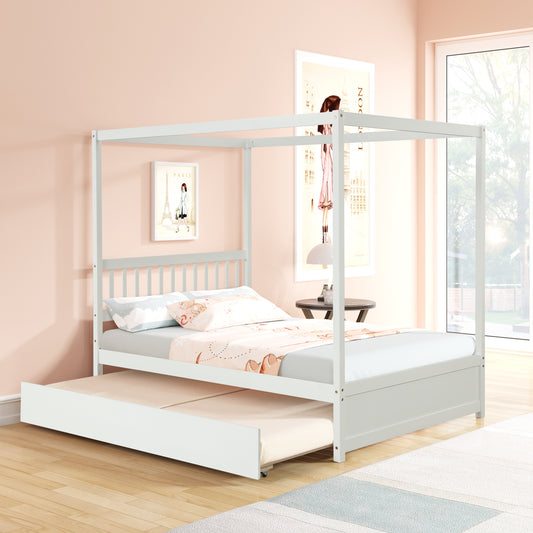 Full Size Canopy Bed with Twin Trundle, Kids Solid Wood Platform Bed Frame w/ Headboard, No Box Spring Needed White Color