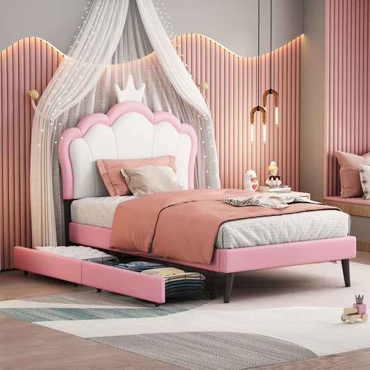 Twin Size Upholstered Princess Platform Bed With Crown Headboard and 2 Drawers, White+Pink