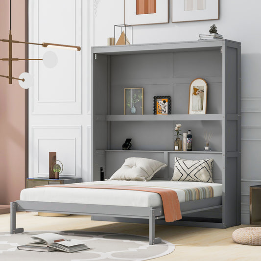 Queen Size Murphy Bed Wall Bed with Shelves,Gray