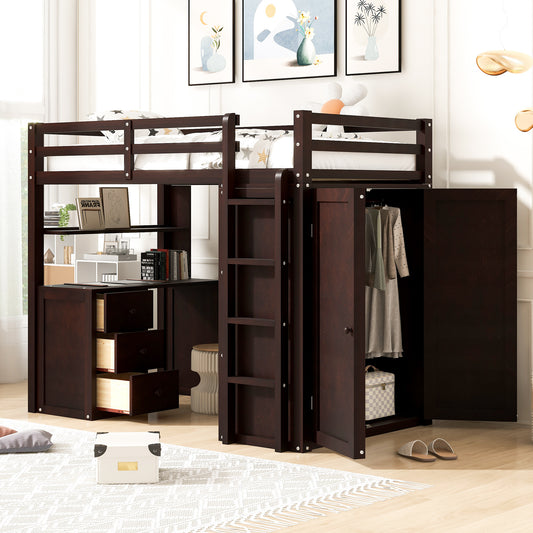 Twin size Loft Bed with Drawers,Desk,and Wardrobe-Espresso