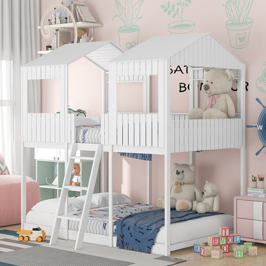 Full Over Full Wood Bunk Bed with Roof, Window, Guardrail, Ladder - White