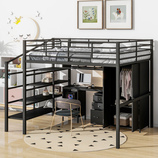 Metal Loft Bed With table set and wardrobe, Full, Black