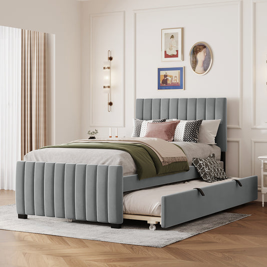 Twin Size Velvet Upholstered Platform Bed with Twin Size Trundle, Gray