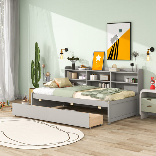 Twin Platform Bed with Side Bookcase, Drawers ,Grey