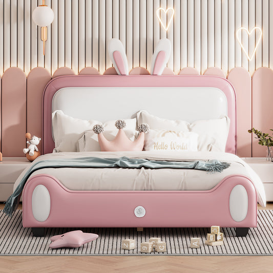 Full size Upholstered Rabbit-Shape Princess Bed ,Full Size Platform Bed with Headboard and Footboard,White+Pink