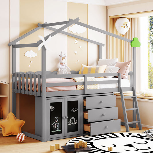 Twin Size House Loft Bed With Cabinet and Drawers, Gray