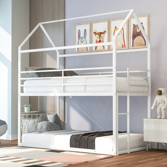 Bunk Beds for Kids Twin over Twin,House Bunk Bed Metal Bed Frame Built-in Ladder,No Box Spring Needed White