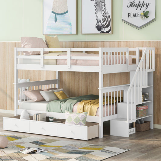 Stairway Full-Over-Full Bunk Bed with Drawer, Storage and Guard Rail for Bedroom, White