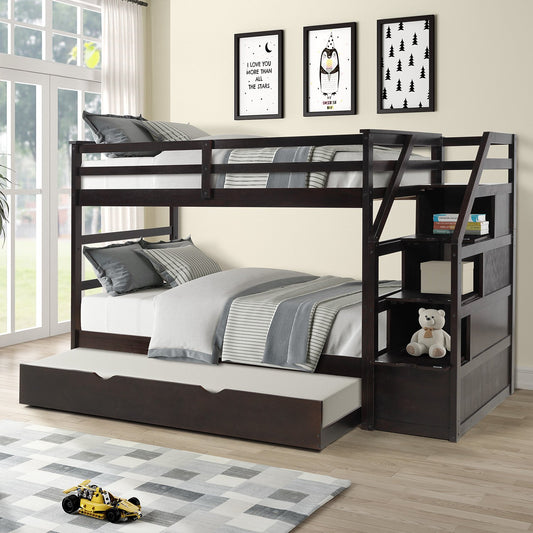 Twin over Twin Espresso Pinewood Bunk Bed with Twin Trundle, Staircase and Storage Shelves-Bunk Bed-HomeDaybed