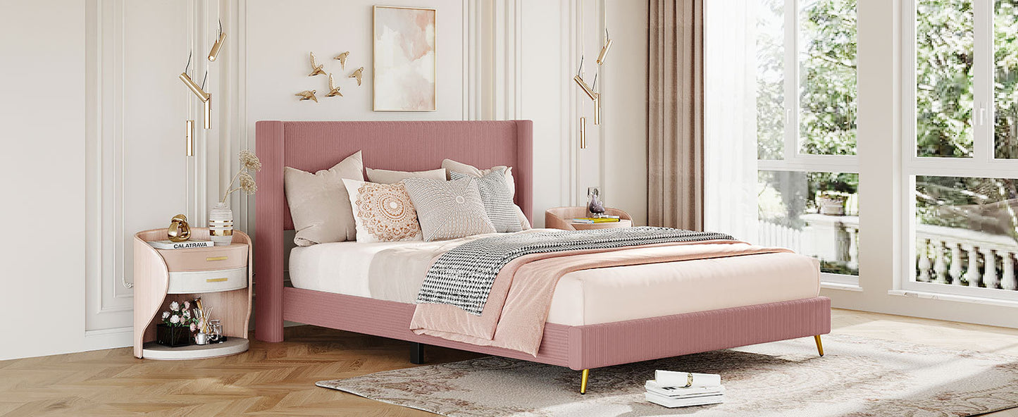 Queen Size Corduroy Platform Bed with Metal Legs, Pink