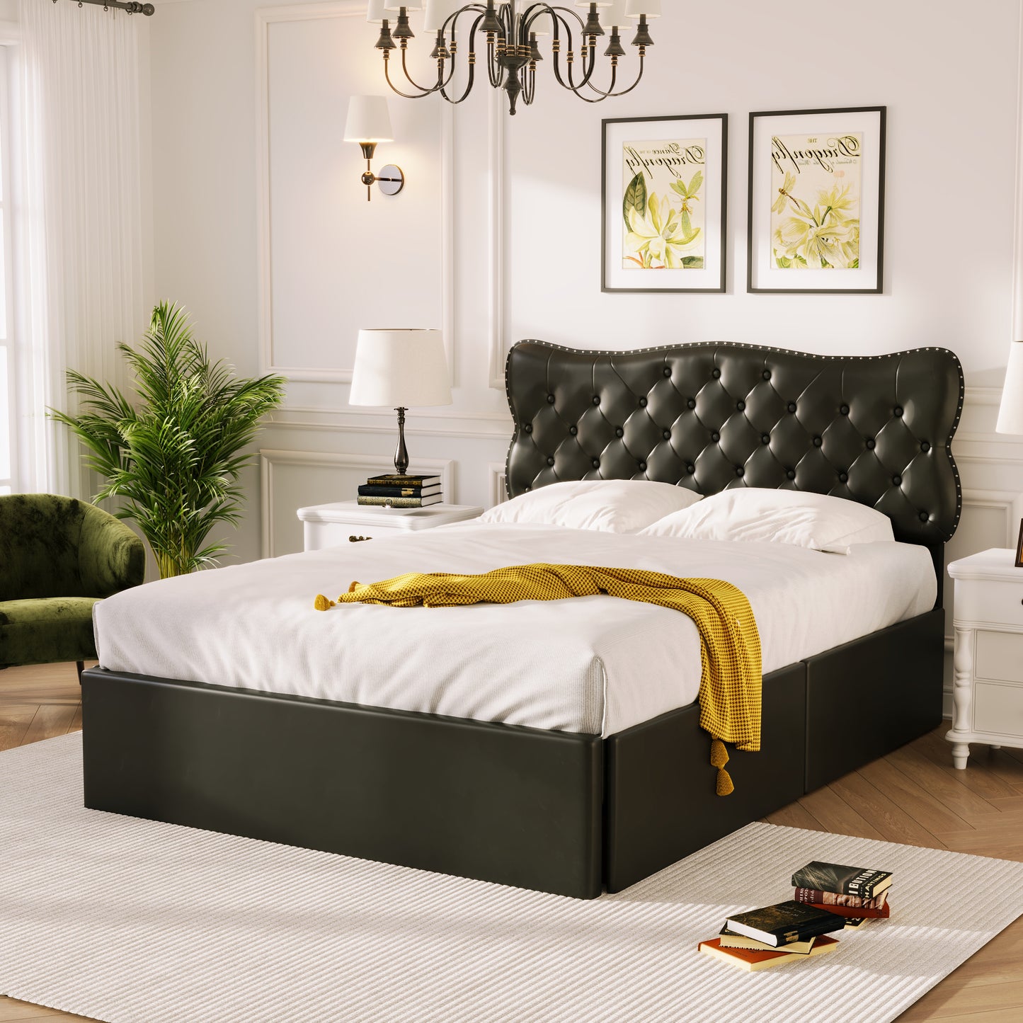 Full Size Bed Frame with 4 Storage Drawers,Leather Upholstered Platform Heavy Duty Bed,Wood Slat Support,Black