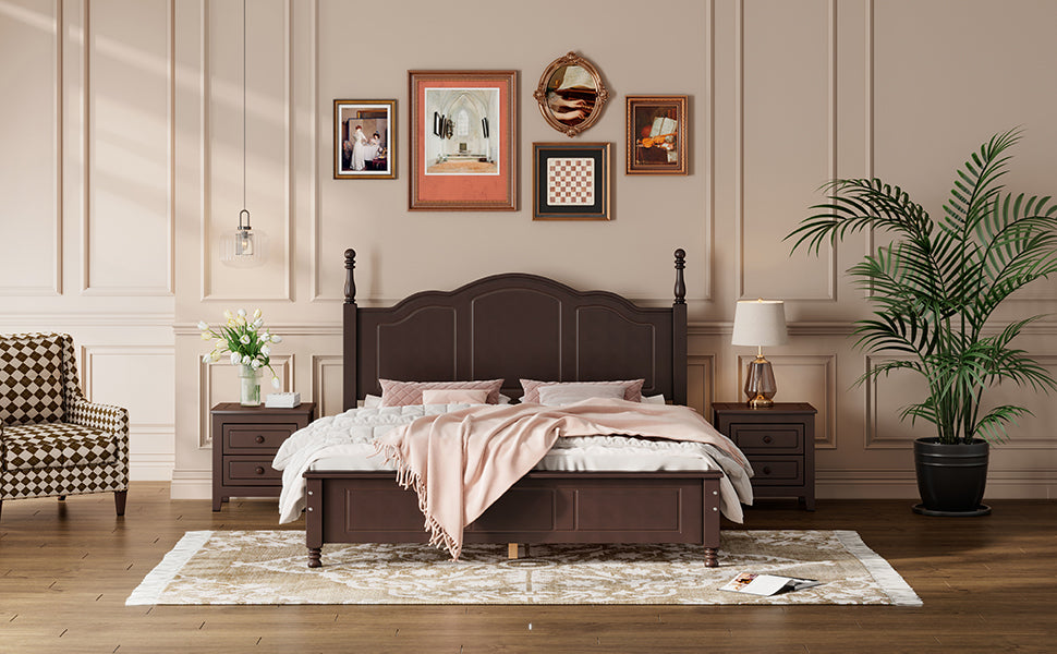 Queen Size Wood Platform Bed Frame,Retro Style Platform Bed with Wooden Slat Support,Dark Walnut